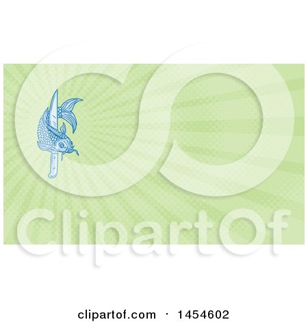 Clipart of a Sketched Blue Koi Fish with a Knife and Green Rays Background or Business Card Design - Royalty Free Illustration by patrimonio