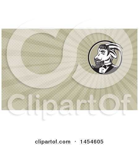 Clipart of a Retro Woodcut Ram Goat in a Tuxedo, in a Black White and Taupe Circle and Rays Background or Business Card Design - Royalty Free Illustration by patrimonio