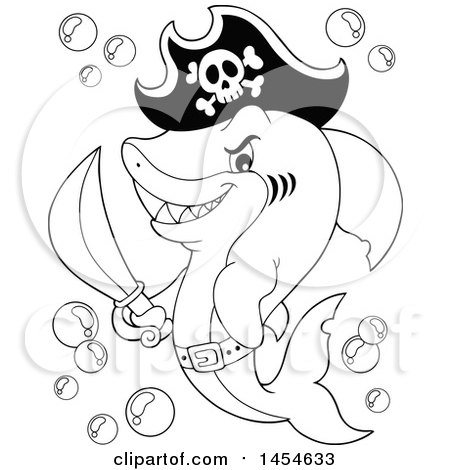 Clipart Graphic of a Cartoon Black and White Pirate Captain Shark Holding a Sword - Royalty Free Vector Illustration by visekart