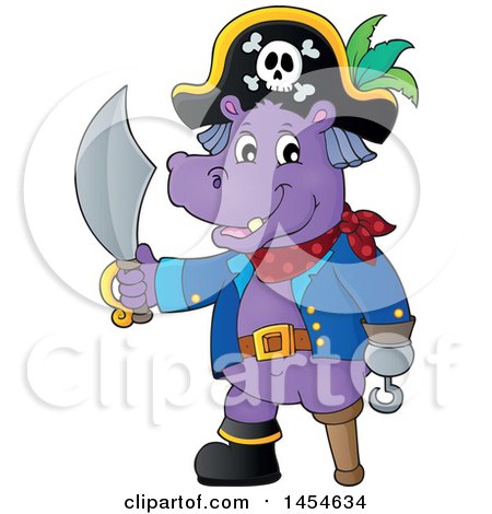 Clipart Graphic of a Cartoon Hippo Captain Pirate Holding a Sword - Royalty Free Vector Illustration by visekart