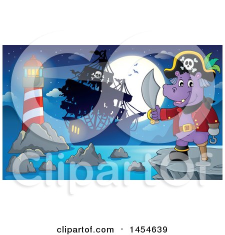 Clipart Graphic of a Cartoon Hippo Captain Pirate Holding a Sword Against a Full Moon, Ship and Lighthouse - Royalty Free Vector Illustration by visekart
