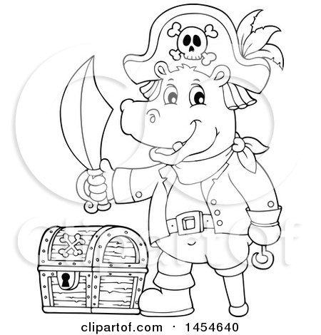 Clipart Graphic of a Cartoon Black and White Hippo Captain Pirate Holding a Sword by a Treasure Chest - Royalty Free Vector Illustration by visekart