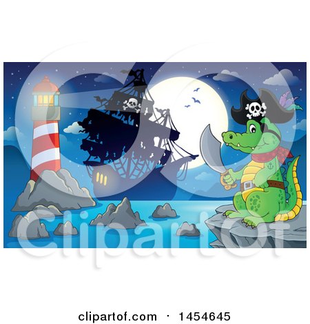 Clipart Graphic of a Cartoon Crocodile Pirate Holding a Sword Against a Ship, Full Moon and Lighthouse - Royalty Free Vector Illustration by visekart