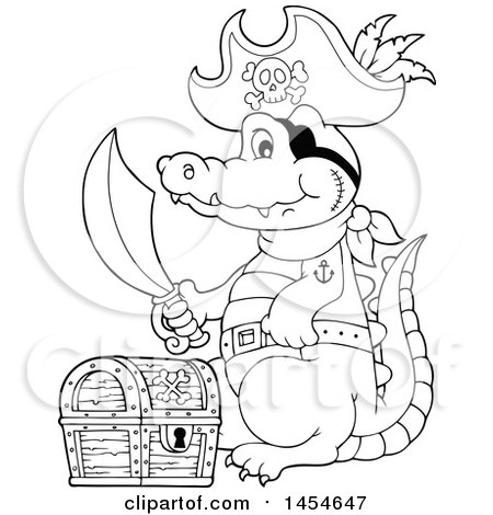 Clipart Graphic of a Cartoon Black and White Crocodile Pirate Holding a Sword by a Treasure Chest - Royalty Free Vector Illustration by visekart