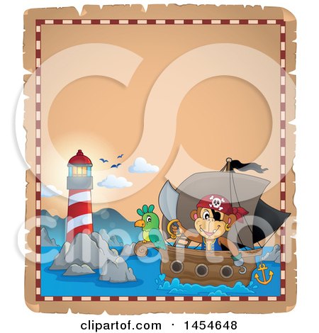 Clipart Graphic of a Parchment Border of a Monkey Pirate Holding a Sword on a Ship with a Parrot near a Lighthouse - Royalty Free Vector Illustration by visekart