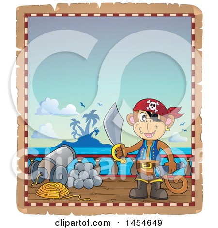 Clipart Graphic of a Parchment Border of a Monkey Pirate Holding a Sword on a Ship - Royalty Free Vector Illustration by visekart