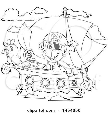 Clipart Graphic of a Cartoon Black and White Monkey Pirate Holding a Sword on a Ship with a Parrot - Royalty Free Vector Illustration by visekart
