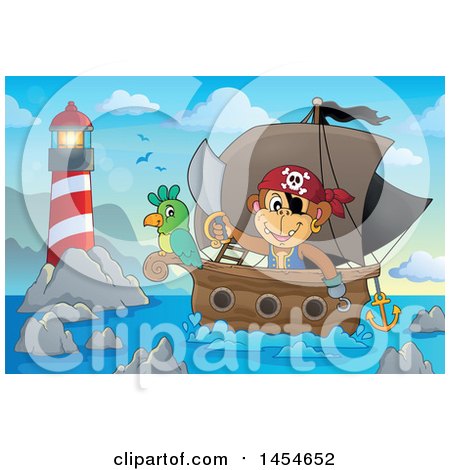 Clipart Graphic of a Cartoon Monkey Pirate Holding a Sword on a Ship with a Parrot near a Lighthouse - Royalty Free Vector Illustration by visekart