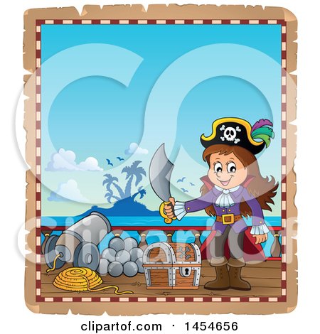 Clipart Graphic of a Parchment Border of a Pirate Girl Holding a Sword by a Treasure Chest - Royalty Free Vector Illustration by visekart