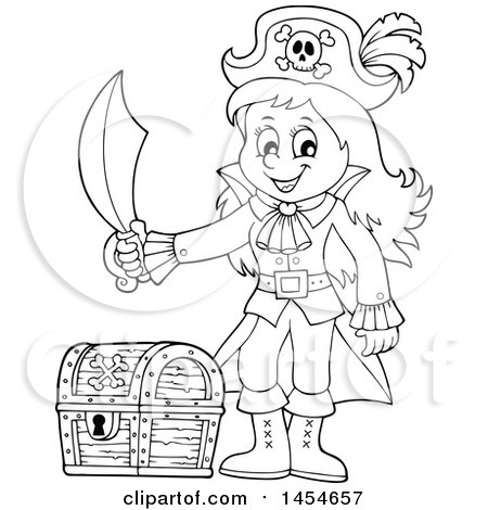 Clipart Graphic of a Cartoon Black and White Pirate Girl Holding a Sword by a Treasure Chest - Royalty Free Vector Illustration by visekart