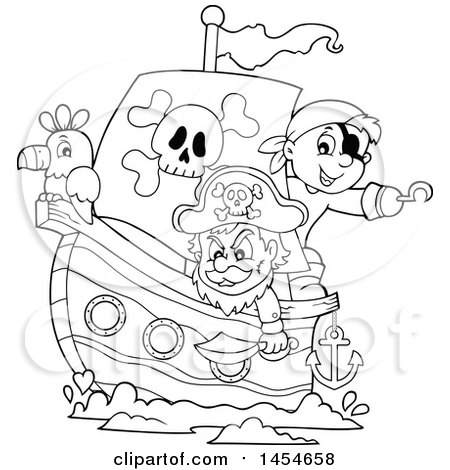 Clipart Graphic of a Cartoon Black and White Sailing Pirate Ship with a Parrot - Royalty Free Vector Illustration by visekart