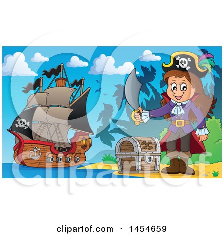 Clipart Graphic of a Cartoon Pirate Girl Holding a Sword by a Treasure Chest on an Island - Royalty Free Vector Illustration by visekart