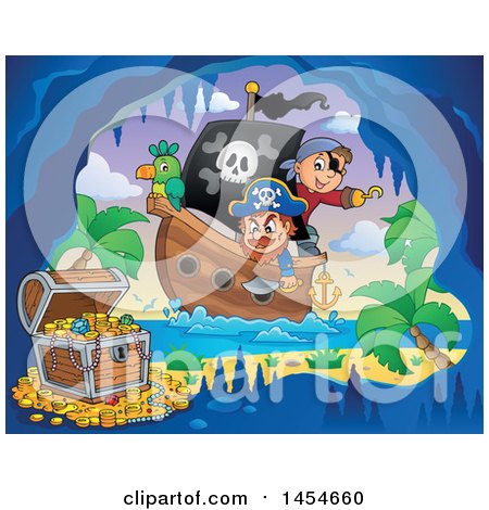 Clipart Graphic of a Cartoon Sailing Pirate Ship with a Parrot near a Treasure Chest in a Cave - Royalty Free Vector Illustration by visekart