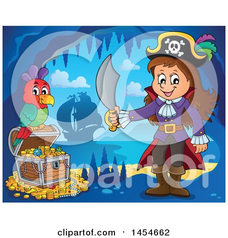 Clipart Graphic of a Cartoon Pirate Girl Holding a Sword by a Treasure Chest in a Cave - Royalty Free Vector Illustration by visekart