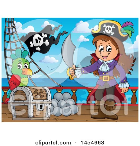 Clipart Graphic of a Cartoon Pirate Girl Holding a Sword by a Treasure Chest on Deck - Royalty Free Vector Illustration by visekart
