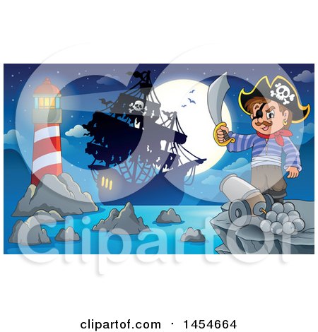 Clipart Graphic of a Cartoon Pirate Holding a Sword on a Cliff with a Cannon Overlooking a Pirate Ship, Lighthouse and Full Moon - Royalty Free Vector Illustration by visekart