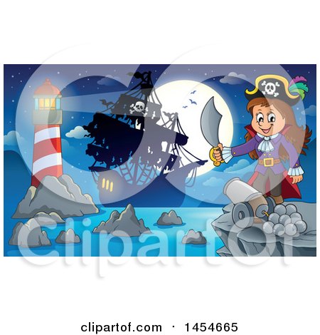 Clipart Graphic of a Cartoon Pirate Girl Holding a Sword Against a Full Moon, Ship and Lighthouse - Royalty Free Vector Illustration by visekart
