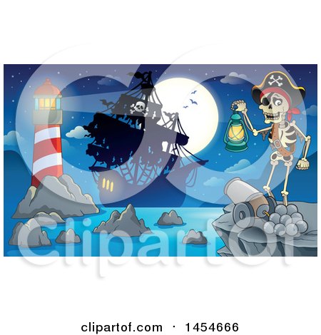 Clipart Graphic of a Cartoon Pirate Holding a Lantern on a Cliff with a Cannon Overlooking a Pirate Ship, Lighthouse and Full Moon - Royalty Free Vector Illustration by visekart