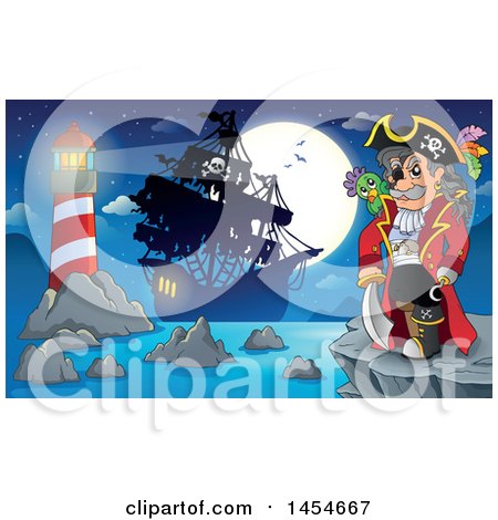 Clipart Graphic of a Cartoon Pirate Captain on a Cliff Overlooking a Pirate Ship, Lighthouse and Full Moon - Royalty Free Vector Illustration by visekart