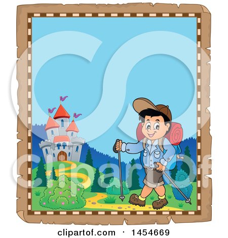 Clipart Graphic of a Parchment Border of a Happy Boy Hiking with Poles - Royalty Free Vector Illustration by visekart