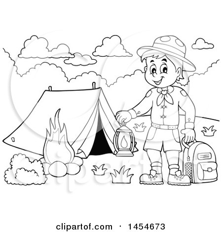 Clipart Graphic of a Black and White Scout Boy Holding a Lantern and Backpack at a Camping Site - Royalty Free Vector Illustration by visekart