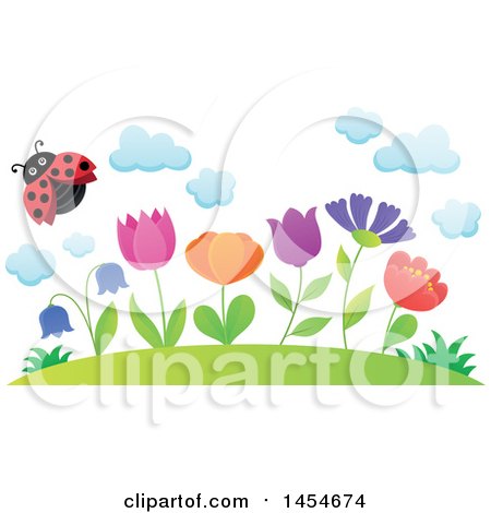 Clipart Graphic of a Row of Spring Flowers Growing on a Hill and a Flying Ladybug - Royalty Free Vector Illustration by visekart