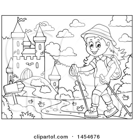 Clipart Graphic of a Black and White Happy Girl Hiking near Castle with Poles - Royalty Free Vector Illustration by visekart