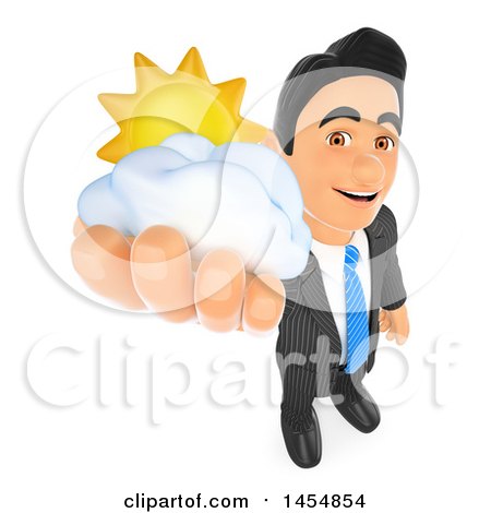 Clipart Graphic of a 3d Business Man Holding up a Sun and Cloud, on a White Background - Royalty Free Illustration by Texelart