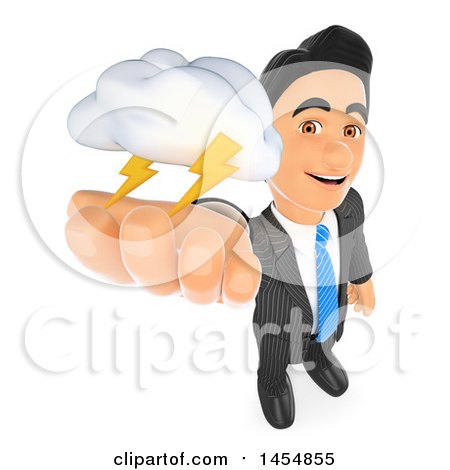 Clipart Graphic of a 3d Business Man Holding up a Lightning Storm Cloud, on a White Background - Royalty Free Illustration by Texelart