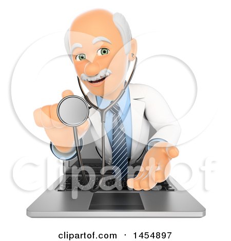 Clipart Graphic of a 3d Doctor Emerging from a Laptop with a Stethoscope, on a White Background - Royalty Free Illustration by Texelart