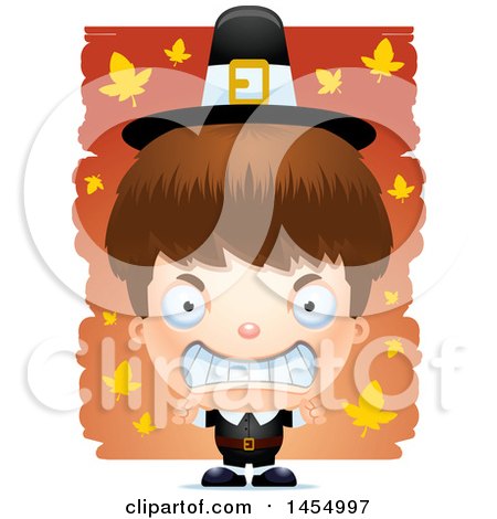 Clipart Graphic of a 3d Mad White Pilgrim Boy over Leaves - Royalty Free Vector Illustration by Cory Thoman