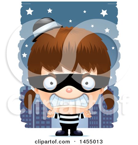Clipart Graphic of a 3d Mad White Robber Girl Against a City at Night - Royalty Free Vector Illustration by Cory Thoman