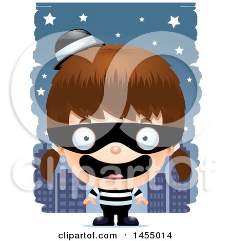 Clipart Graphic of a 3d Happy White Robber Girl Against a City at Night - Royalty Free Vector Illustration by Cory Thoman