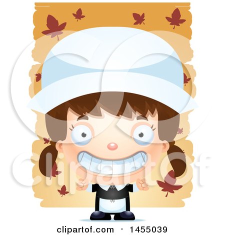 Clipart Graphic of a 3d Grinning White Pilgrim Girl over Leaves - Royalty Free Vector Illustration by Cory Thoman