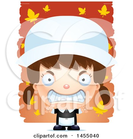 Clipart Graphic of a 3d Mad White Pilgrim Girl over Leaves - Royalty Free Vector Illustration by Cory Thoman