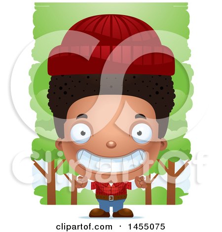 Clipart Graphic of a 3d Grinning Black Lumberjack Boy in the Woods - Royalty Free Vector Illustration by Cory Thoman