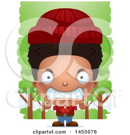Clipart Graphic of a 3d Mad Black Lumberjack Boy in the Woods - Royalty Free Vector Illustration by Cory Thoman
