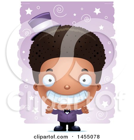Clipart Graphic of a 3d Grinning Black Magician Boy over a Spiral and Star Pattern - Royalty Free Vector Illustration by Cory Thoman