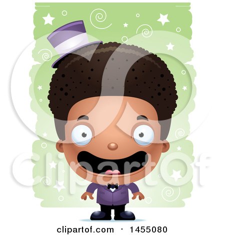 Clipart Graphic of a 3d Happy Black Magician Boy over a Spiral and Star Pattern - Royalty Free Vector Illustration by Cory Thoman