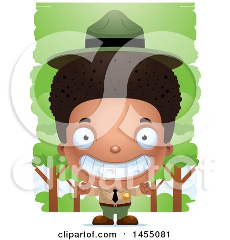Clipart Graphic of a 3d Grinning Black Park Ranger Boy in the Woods - Royalty Free Vector Illustration by Cory Thoman