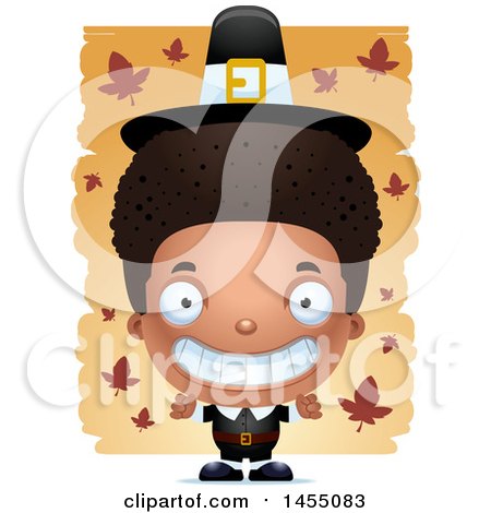 Clipart Graphic of a 3d Grinning Black Pilgrim Boy over Leaves - Royalty Free Vector Illustration by Cory Thoman