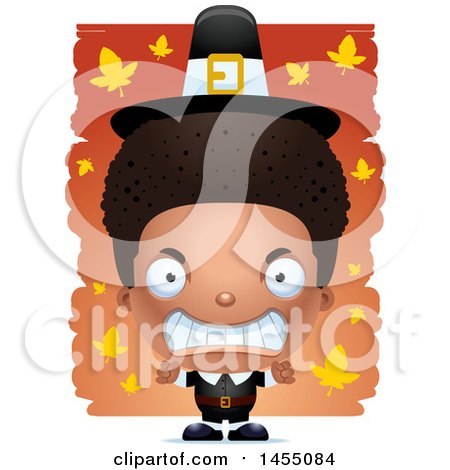 Clipart Graphic of a 3d Mad Black Pilgrim Boy over Leaves - Royalty Free Vector Illustration by Cory Thoman