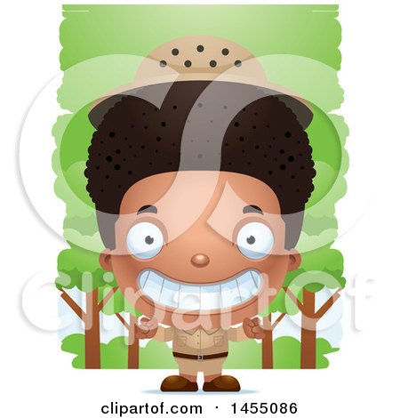 Clipart Graphic of a 3d Grinning Black Safari Boy Against Trees - Royalty Free Vector Illustration by Cory Thoman