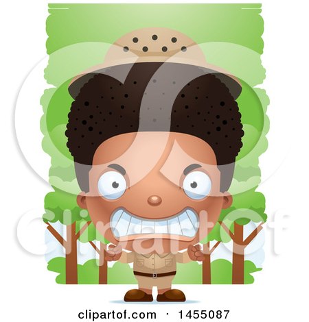 Clipart Graphic of a 3d Mad Black Safari Boy Against Trees - Royalty Free Vector Illustration by Cory Thoman