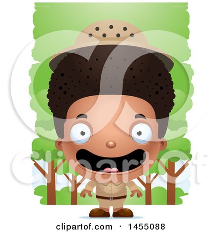 Clipart Graphic of a 3d Happy Black Safari Boy Against Trees - Royalty Free Vector Illustration by Cory Thoman