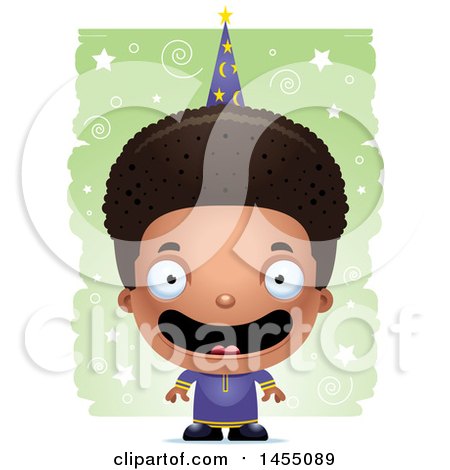 Clipart Graphic of a 3d Happy Black Wizard Boy over a Spiral and Star Pattern - Royalty Free Vector Illustration by Cory Thoman