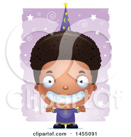 Clipart Graphic of a 3d Grinning Black Wizard Boy over a Spiral and Star Pattern - Royalty Free Vector Illustration by Cory Thoman