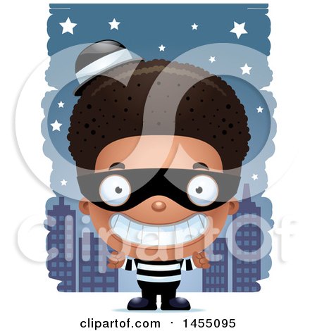 Clipart Graphic of a 3d Grinning Black Robber Boy Against a City at Night - Royalty Free Vector Illustration by Cory Thoman