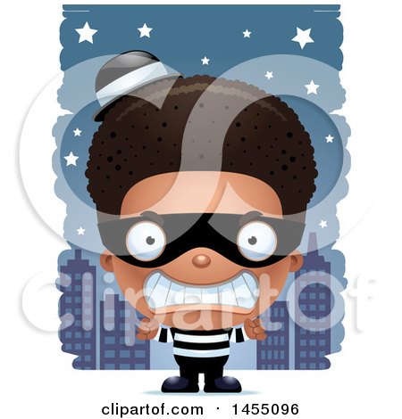 Clipart Graphic of a 3d Mad Black Robber Boy Against a City at Night - Royalty Free Vector Illustration by Cory Thoman