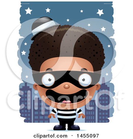 Clipart Graphic of a 3d Happy Black Robber Boy Against a City at Night - Royalty Free Vector Illustration by Cory Thoman